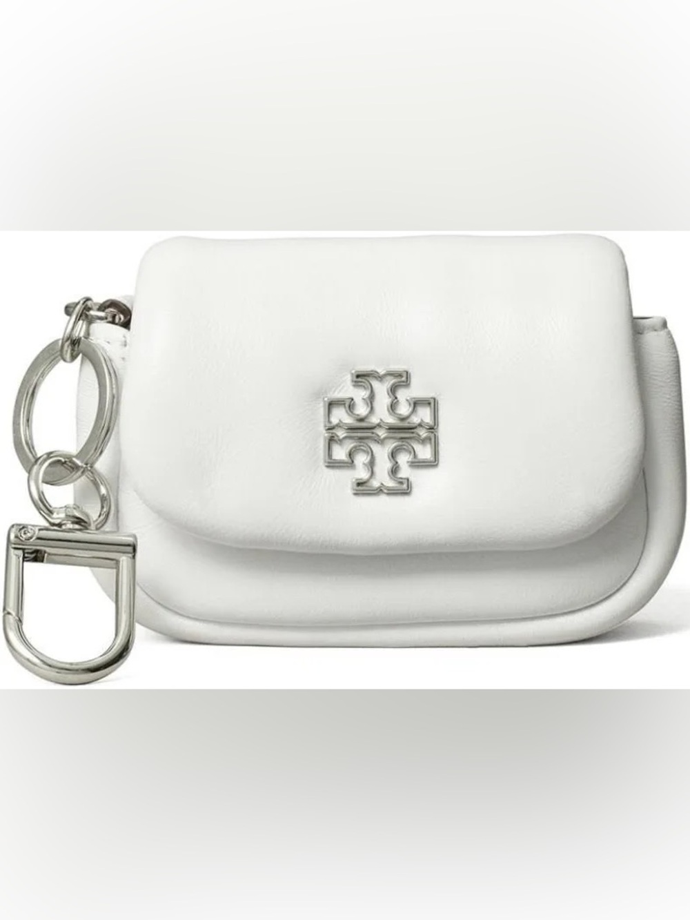NWT Tory Burch Britten Leather Puffy Card Case Optic White Silver Hardware